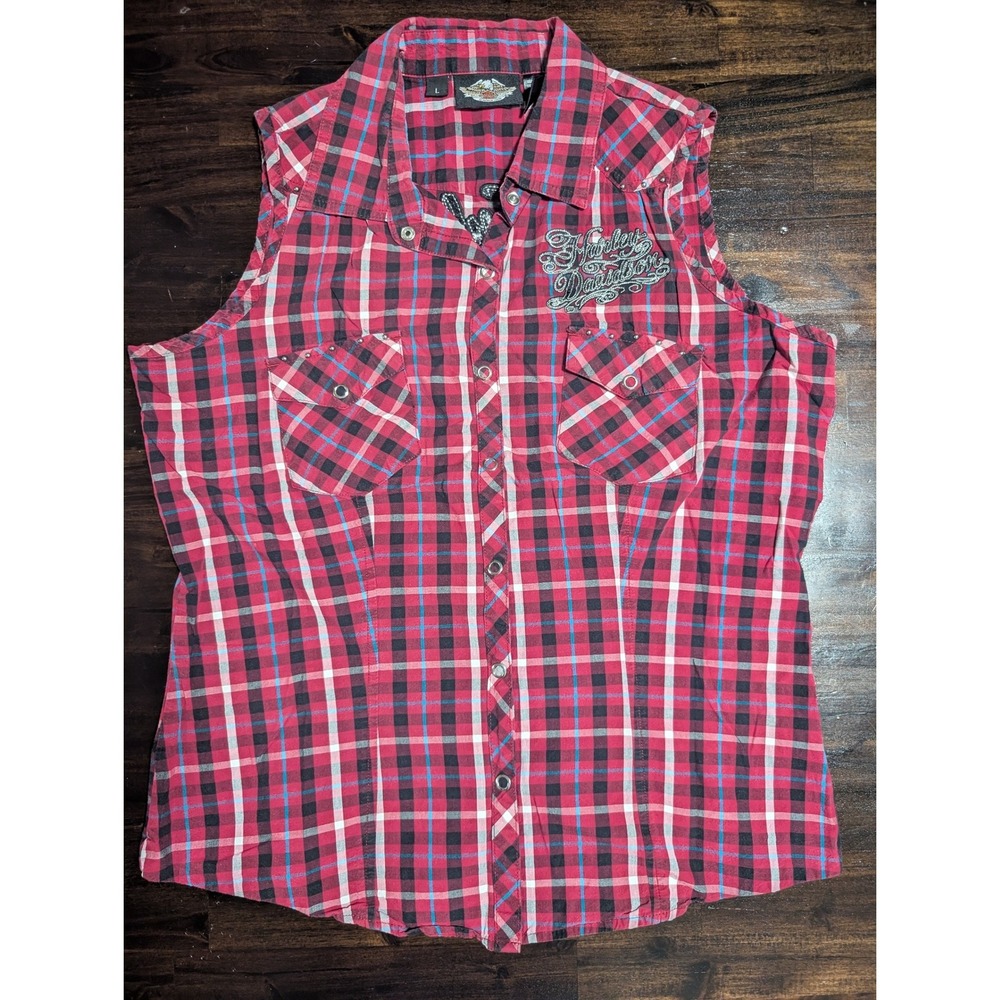 Harley Davidson Womens Red Plaid Sleeveless Snap Button Shirt Studded Large